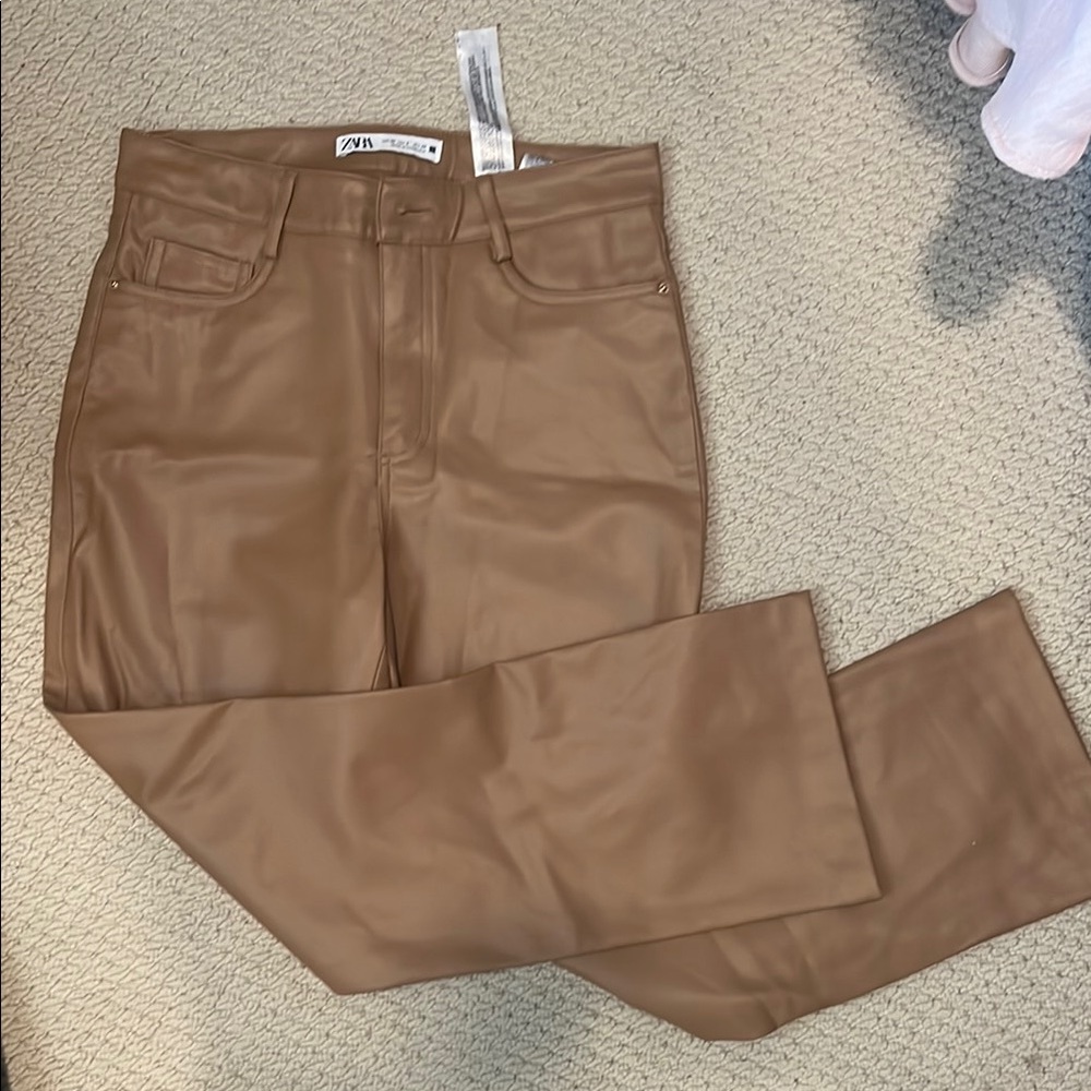 Zara Tan Faux Leather Trousers